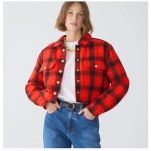 J.Crew Crop Puffer Jacket M Red Buffalo Check Plaid BV699 Black Western Prep